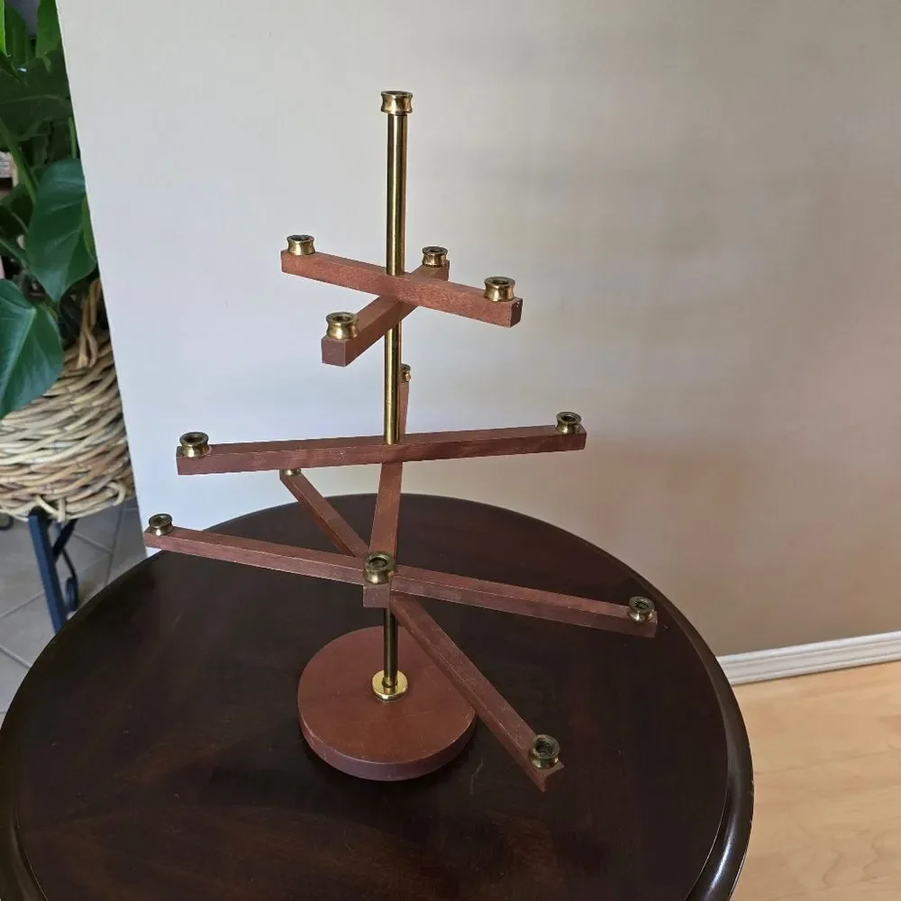 Vintage MCM Wood Candeladrum Folding Brass Accents Made‎ In Japan